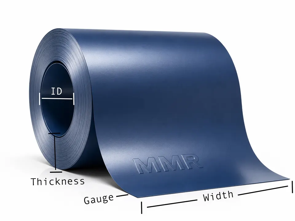 MMR metal coil labeled to show inside diameter, thickness, gauge, and width
